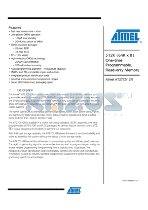 AT27C512R-70JU datasheet - 512K (64K x 8) One-time Programmable, Read-only Memory