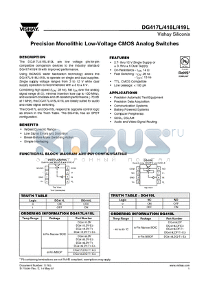 DG418L datasheet - Precision Monolithic Low-Voltage CMOS Analog Switches