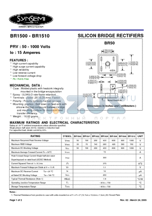 BR1504 datasheet - SILICON BRIDGE RECTIFIERS