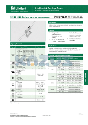 0216.125HXP datasheet - 216 Series, 5 x 20 mm, Fast-Acting Fuse