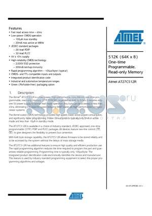 AT27C512R-70PU datasheet - 512K (64K x 8) One-time Programmable, Read-only Memory