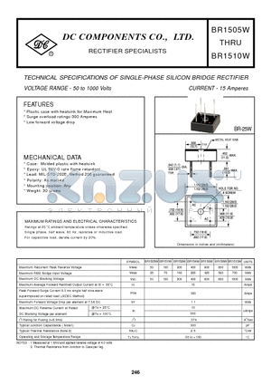 BR1505W datasheet - TECHNICAL SPECIFICATIONS OF SINGLE-PHASE SILICON BRIDGE RECTIFIER