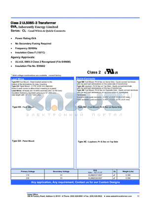 CL06ES38-000 datasheet - Class 2 UL5085-3 Transformer 6VA, Inherently Energy Limited