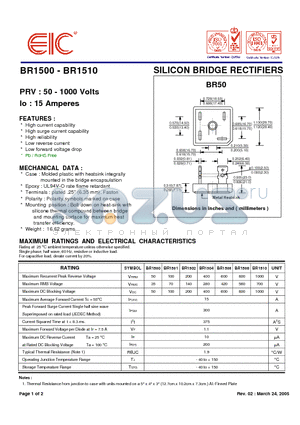 BR1506 datasheet - SILICON BRIDGE RECTIFIERS