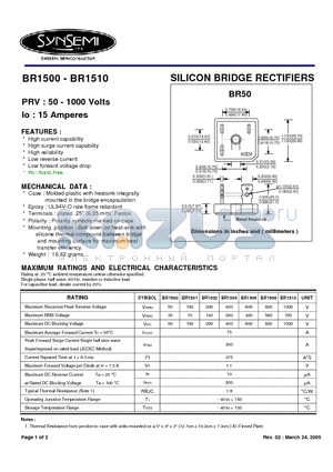 BR1508 datasheet - SILICON BRIDGE RECTIFIERS