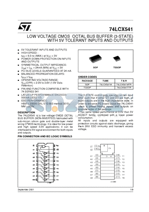 74LCX541 datasheet - LOW VOLTAGE CMOS OCTAL BUS BUFFER (3-STATE) WITH 5V TOLERANT INPUTS AND OUTPUTS