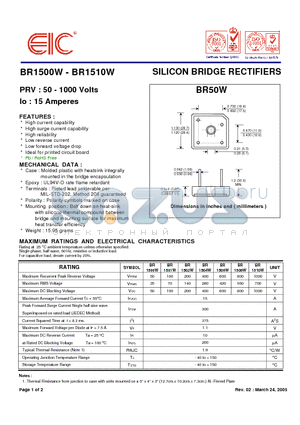 BR1508W datasheet - SILICON BRIDGE RECTIFIERS