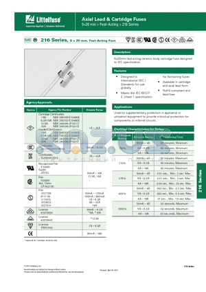 0216002.MRET1P datasheet - 216 Series, 5 x 20 mm, Fast-Acting Fuse