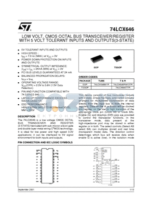 74LCX646RM13TR datasheet - LOW VOLT. CMOS OCTAL BUS TRANSCEIVER/REGISTER WITH 5 VOLT TOLERANT INPUTS AND OUTPUTS(3-STATE)