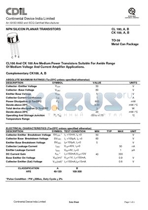 CL100B datasheet - NPN SILICON PLANAR TRANSISTORS
