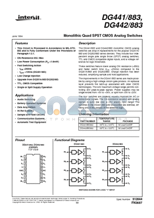 DG441AK/883 datasheet - Monolithic Quad SPST CMOS Analog Switches