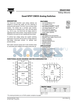 DG441DY-E3 datasheet - Quad SPST CMOS Analog Switches