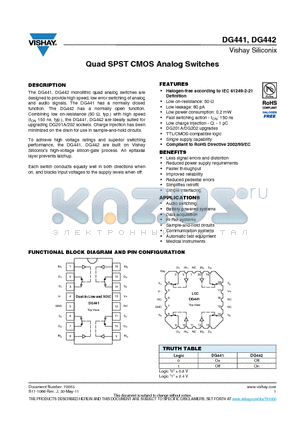 DG441DY-T1-E3 datasheet - Quad SPST CMOS Analog Switches