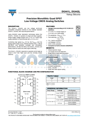 DG441LAZ-883 datasheet - Precision Monolithic Quad SPST Low-Voltage CMOS Analog Switches