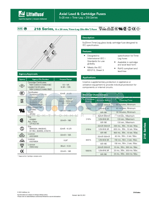 0218.032MXE- datasheet - 218 Series, 5 x 20 mm, Time-Lag (Slo-Blo^) Fuse