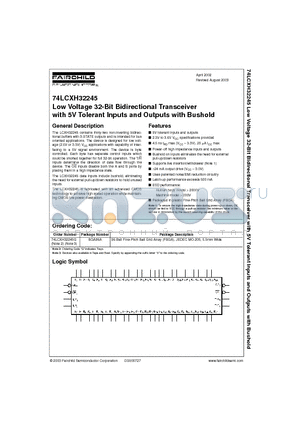 74LCXH32245G datasheet - Low Voltage 32-Bit Bidirectional Transceiver with 5V Tolerant Inputs and Outputs with Bushold
