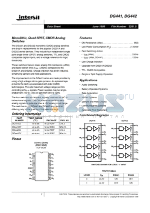 DG442DJ datasheet - Monolithic, Quad SPST, CMOS Analog Switches