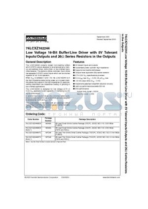 74LCXZ162244MEX datasheet - Low Voltage 16-Bit Buffer/Line Driver with 5V Tolerant Inputs/Outputs and 26 Series Resistors in the Outputs