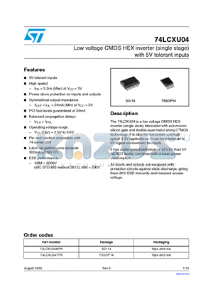 74LCXU04TTR datasheet - Low voltage CMOS HEX inverter (single stage) with 5V tolerant inputs