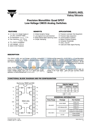 DG442LAK883 datasheet - Precision Monolithic Quad SPST Low-Voltage CMOS Analog Switches