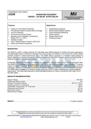 53258 datasheet - RADIATION TOLERANT 120VDC - 5A SOLID STATE RELAY