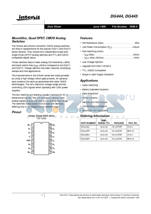 DG444 datasheet - Monolithic, Quad SPST, CMOS Analog Switches