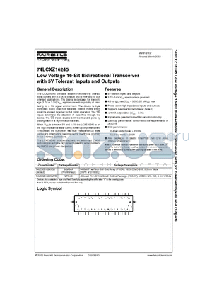 74LCXZ16245MTD datasheet - Low Voltage 16-Bit Bidirectional Transceiver with 5V Tolerant Inputs and Outputs