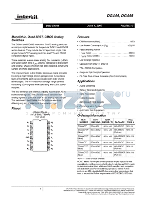 DG444 datasheet - Monolithic, Quad SPST, CMOS Analog Switches