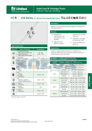 0218001.MRET1P datasheet - 218 Series, 5 x 20 mm, Time-Lag (Slo-Blo^) Fuse