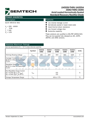 1N5550 datasheet - Axial Leaded Hermetically Sealed Standard Recovery Rectifier Diode