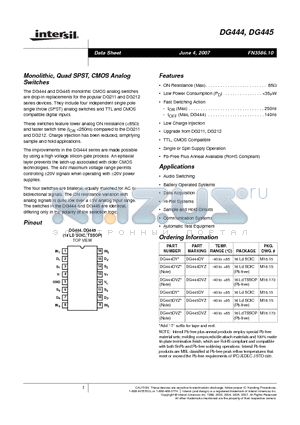 DG444DY datasheet - Monolithic, Quad SPST, CMOS Analog Switches