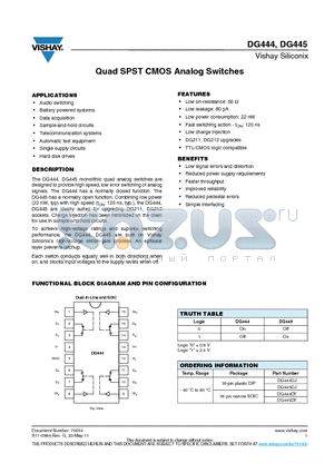 DG444DY datasheet - Quad SPST CMOS Analog Switches
