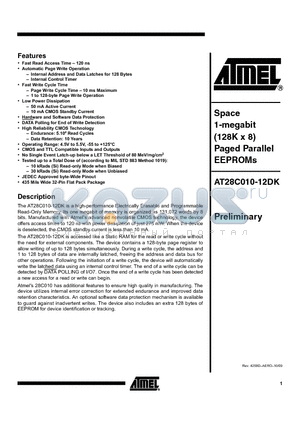 AT28C010-12DK_09 datasheet - Space 1-megabit (128K x 8) Paged Parallel EEPROMs