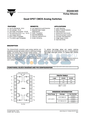 DG445DY datasheet - Quad SPST CMOS Analog Switches