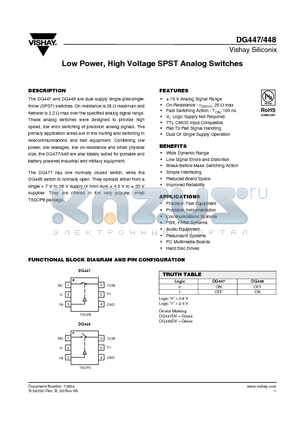 DG448 datasheet - Low Power, High Voltage SPST Analog Switches