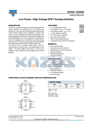 DG448 datasheet - Low Power, High Voltage SPST Analog Switches