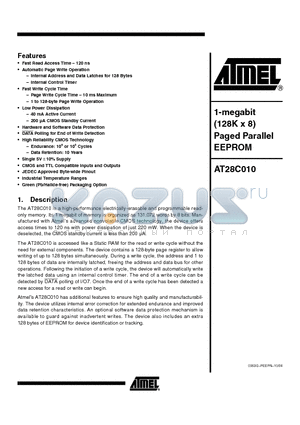 AT28C010-12PI datasheet - 1-megabit (128K x 8) Paged Parallel EEPROM