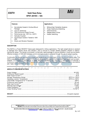 53274 datasheet - Solid State Relay SPST, 90VDC - 10A