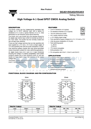DG452 datasheet - High Voltage 4-Y Quad SPST CMOS Analog Switch