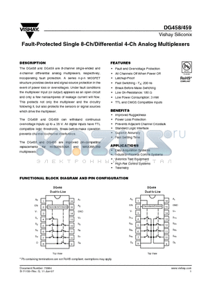 DG458 datasheet - Fault-Protected Single 8-Ch/Differential 4-Ch Analog Multiplexers