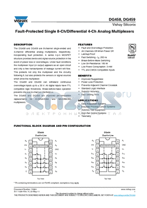 DG458 datasheet - Fault-Protected Single 8-Ch/Differential 4-Ch Analog Multiplexers