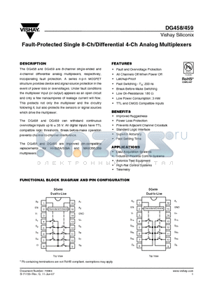 DG458_08 datasheet - Fault-Protected Single 8-Ch/Differential 4-Ch Analog Multiplexers