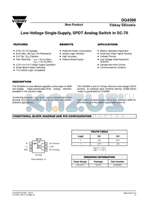 DG4599 datasheet - Low-Voltage Single-Supply, SPDT Analog Switch in SC-70