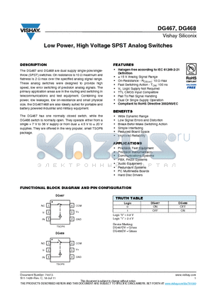 DG467 datasheet - Low Power, High Voltage SPST Analog Switches