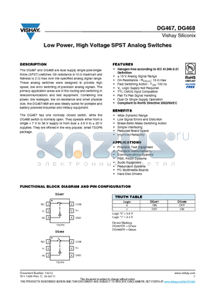 DG467DV-T1-E3 datasheet - Low Power, High Voltage SPST Analog Switches