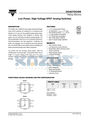 DG468 datasheet - Low Power, High Voltage SPST Analog Switches