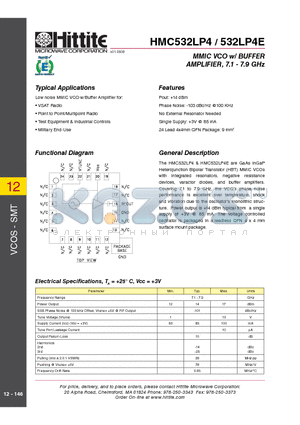 532LP4E datasheet - MMIC VCO w/ BUFFER AMPLIFIER, 7.1 - 7.9 GHz