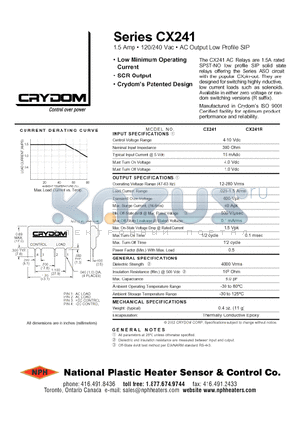 CX241 datasheet - 1.5Amp 120/240Vac AC Output Low Profile SIP