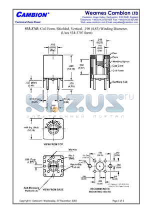 533-3743 datasheet - Coil Form, Shielded, Vertical, .190 (4,83) Winding Diameter