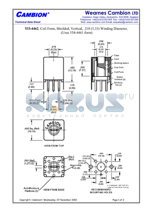 533-4462 datasheet - Coil Form, Shielded, Vertical, .210 (5,33) Winding Diameter